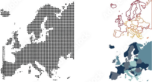 Europe map vector illustration set featuring halftone pattern outline silhouette and colorful geographic continent designs for professional graphic projects