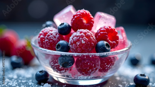 A vibrant bowl filled with fresh raspberries and blueberries, adorned with glistening ice cubes. This visually appealing arrangement captures the essence of summer freshness and healthy snacking.