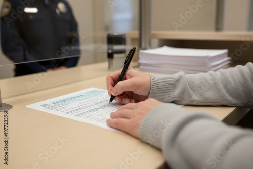 A person fills out a document at a police station service counter. Useful for illustrating legal or administrative processes. Generative AI.