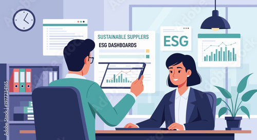 Business Professionals Discussing ESG Sustainability Reports.