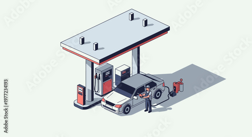 A person in uniform fueling a car at a gas station with a pump and a canopy overhead, illustrating a common service transaction