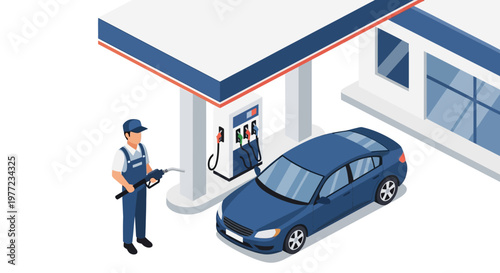 Illustration of a person in uniform filling fuel into a car at a gas station with isometric view