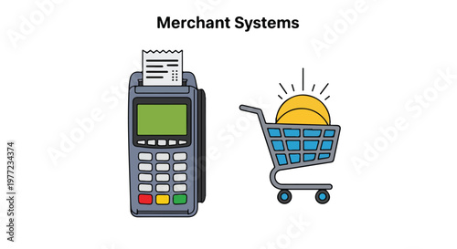Merchant systems illustration featuring a payment terminal and a shopping cart with a gold coin