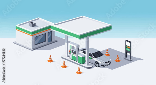 Isometric view of a modern gas station with a car refueling at the pump, featuring clean design and efficient roadside service infrastructure