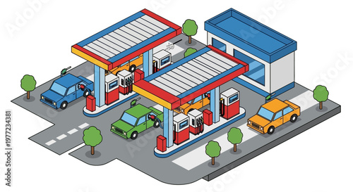 Isometric illustration of a busy gas station with cars refueling and a convenience store in the background, depicting a typical urban scene