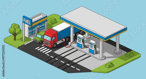 Gas station with truck refueling and convenience store on a blue background in isometric view, illustrating transportation and retail services