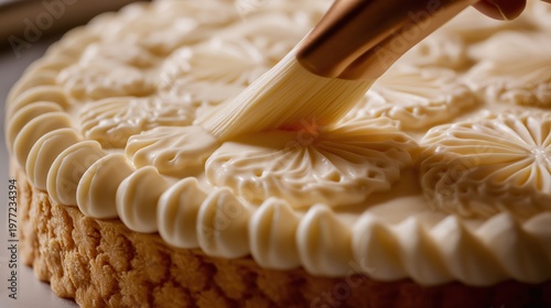 Pastry chef decorating cake with cream using brush. Confectioner creating dessert art with frosting decoration. Professional culinary process for bakery industry and celebration design.