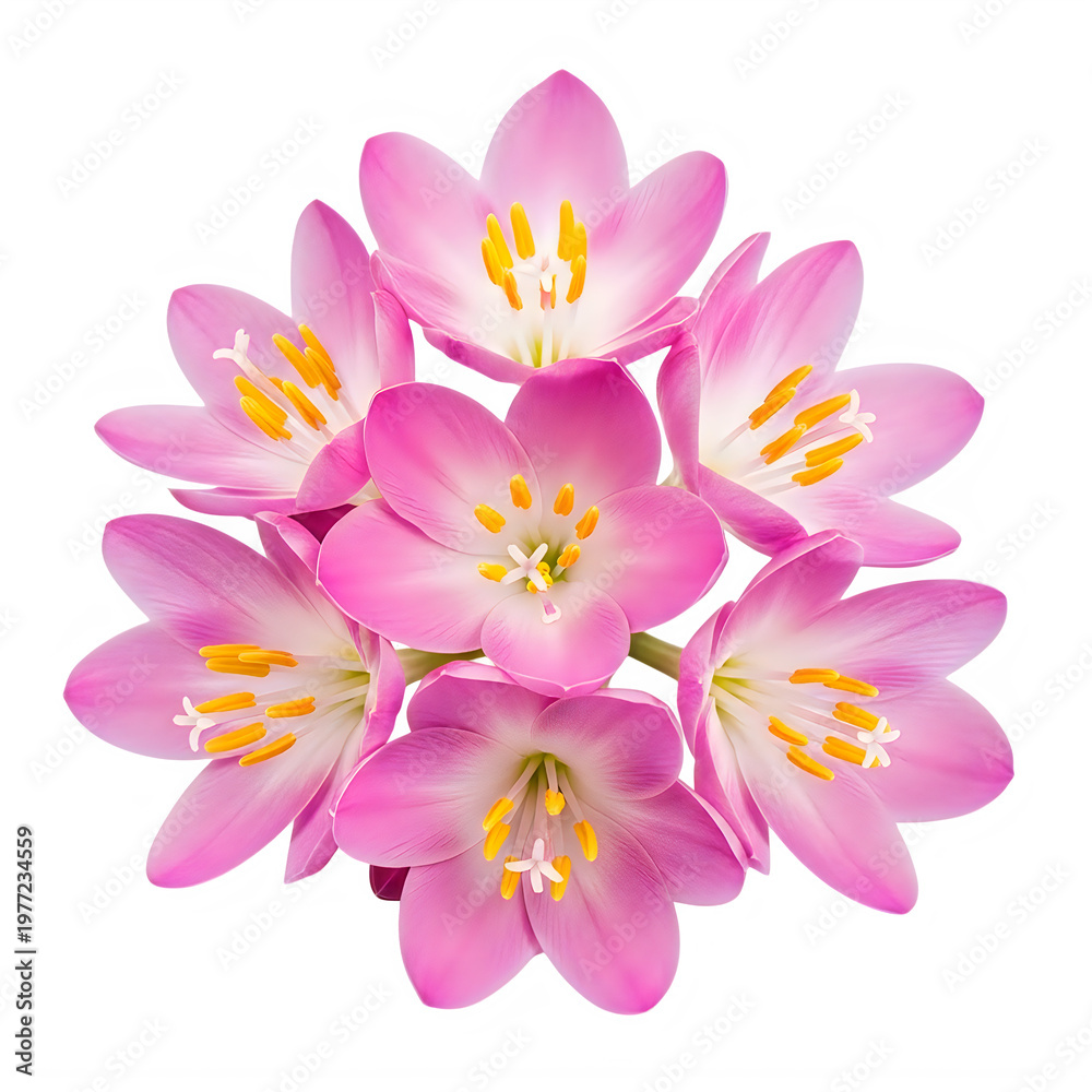 Fototapeta premium Pink orchid flower bouquet with vibrant yellow centers isolated on white background