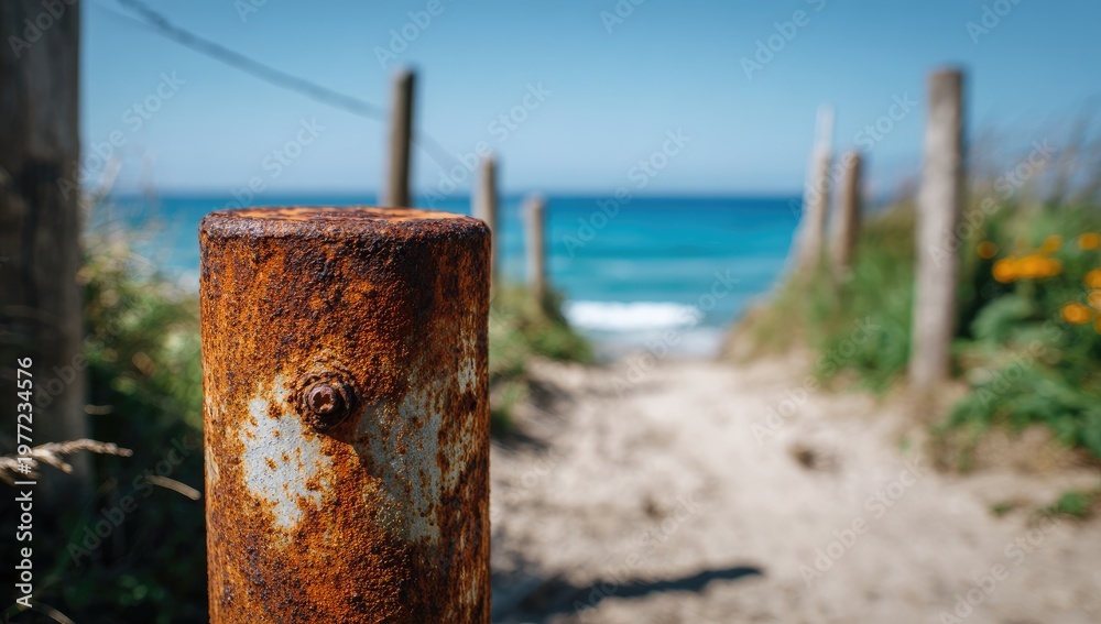 Fototapeta premium Rusty post frames sandy path to ocean. View leads to sunlit beach and blue water