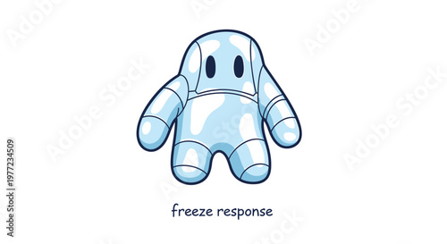 Cute cartoon robot, freeze response illustration, blue metallic character, emotional design element