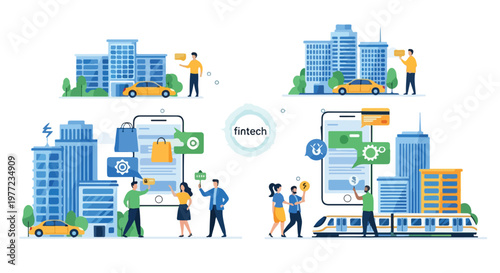 Modern Fintech Ecosystem with Mobile Payment System and Online Banking Illustration
