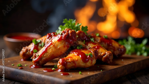 A mouthwatering display of barbecue chicken wings drizzled with spicy sauce, garnished with fresh herbs, served on a wooden board. Perfect for food lovers and gatherings.