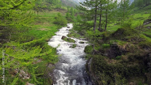 Drone shot of a mountain stream in spring with clear, icy water melting from the glacier ice at high altitude - beautiful lush nature perfect for walking and trekking in the mountains 