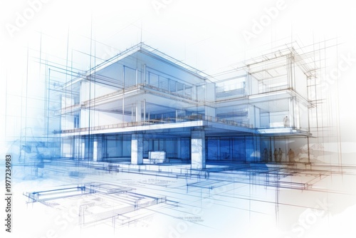Architectural blueprint rendering a contemporary building outline with engineering plans