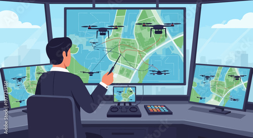 Man controlling drones with computer system.
