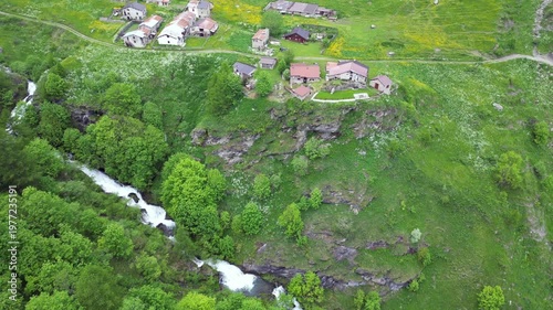 Drone view Drone view of Alpe Balma
, a charming stone Alpine settlement located within the Alpe Veglia Natural Park, above Varzo (VB), a short distance from Domodossola Italy 