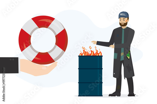 Homeless person stands by trash bin, social struggle. Large hand offers lifebuoy, symbolizing rescue, support and hope for those in need of assistance. Beggar need hel