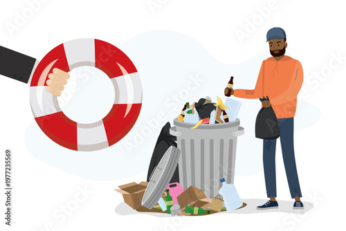 Homeless person stands by trash bin, social struggle. Large hand offers lifebuoy, symbolizing rescue, support and hope for those in need of assistance. Beggar need hel