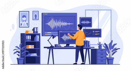 Man working on computer with sound wave display.