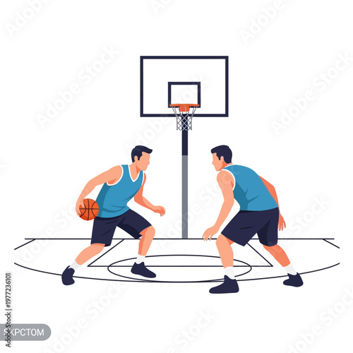 Two men playing basketball on court, one dribbling ball, competitive sport illustration