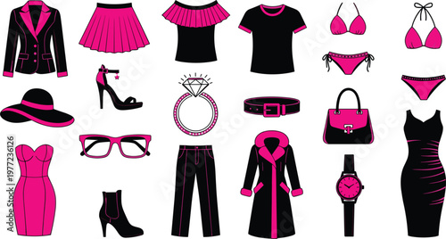 Large Collection of Women Fashion Apparel and Luxury Accessories Icons Set Featuring Clothing Shoes Jewelry and Handbags in Pink and Black Vector Illustration