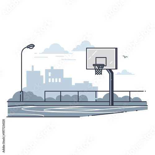 Urban basketball court with city skyline and street light, minimalist illustration