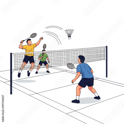 Active Badminton Game: Players Competing on Court with Shuttlecock in Motion