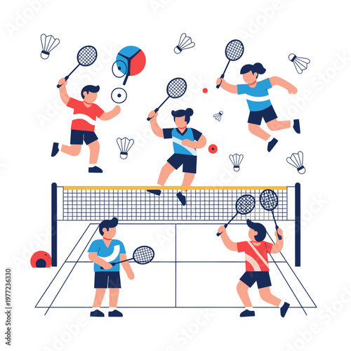 Active Badminton Players Competing in a Lively Match with Shuttlecocks and Racquets