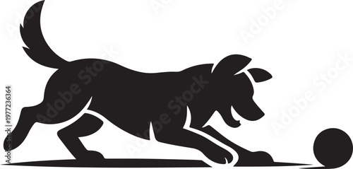 Playful dog silhouette with ball vector illustration

