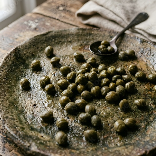 Artisanal Capers on Rustic Plate with Metal Spoon on Wooden Table
