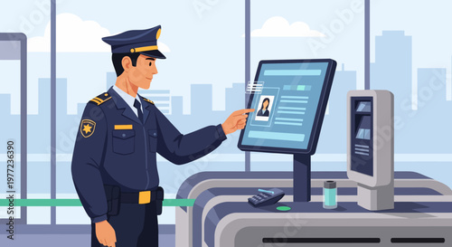 Security Officer Scanning ID Card at Airport.