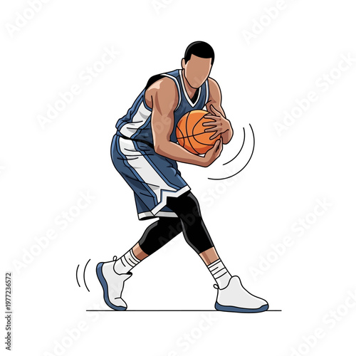 Basketball player dribbling ball, athletic man in uniform, dynamic movement, isolated on white background.