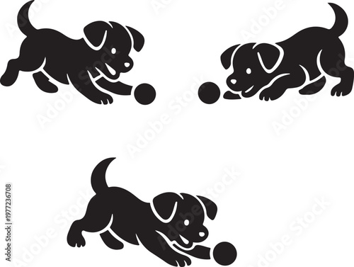 Cute puppy silhouettes playing with ball vector illustration

