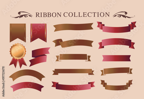 リボンの装飾デザインセットとアンティークな罫線やフレームデザイン
