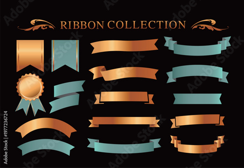 リボンの装飾デザインセットとアンティークな罫線やフレームデザイン
