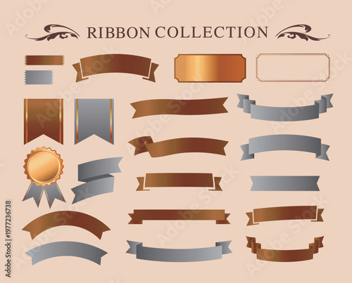 リボンの装飾デザインセットとアンティークな罫線やフレームデザイン
