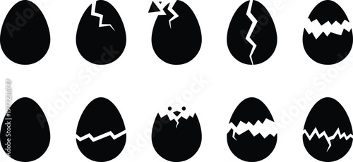 A collection of black eggs with different cracks on a white background.
