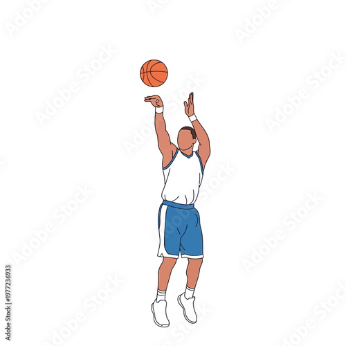 Basketball player shooting a jump shot, isolated on white background, active lifestyle illustration.
