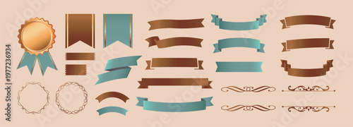 リボンの装飾デザインセットとアンティークな罫線やフレームデザイン
