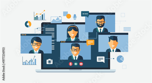 Remote team meeting in minimalist flat design with blue and orange colors in digital format for business presentation