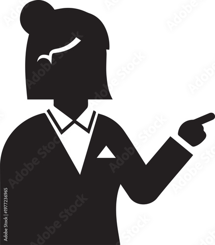 Black silhouette of a woman pointing to the right isolated on white background