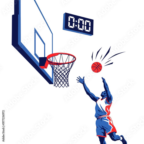 Basketball player shooting ball into hoop at 0:00 on scoreboard