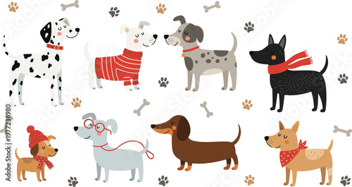 Cute Pet Dog Vector Character Set Featuring Dalmatian, Dachshund, and Terriers Wearing Winter Sweaters, Scarves, and Glasses for Festive Cards and Nursery Decor