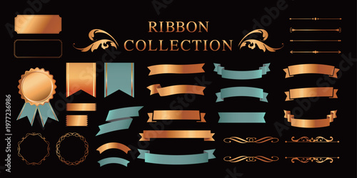 リボンの装飾デザインセットとアンティークな罫線やフレームデザイン
