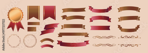 リボンの装飾デザインセットとアンティークな罫線やフレームデザイン
