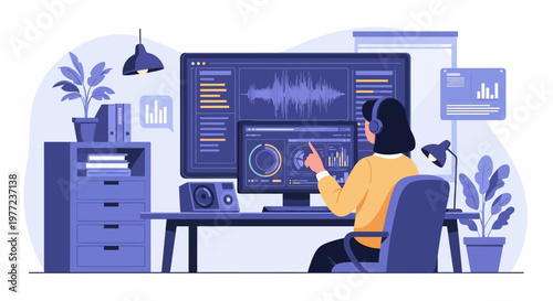 Woman Editing Audio on Computer Screen.