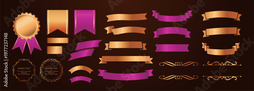 リボンの装飾デザインセットとアンティークな罫線やフレームデザイン
