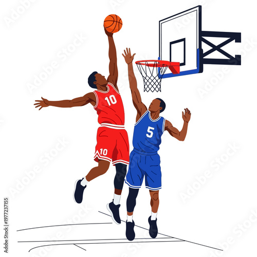 Basketball players jumping for a slam dunk during a competitive game