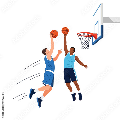 Basketball Players Jumping for Slam Dunk, Action Shot