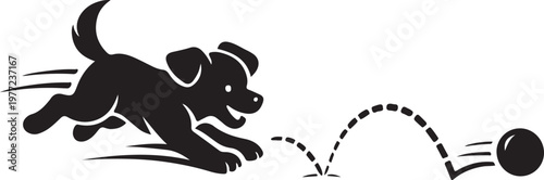 Cute puppy silhouette chasing bouncing ball vector illustration

